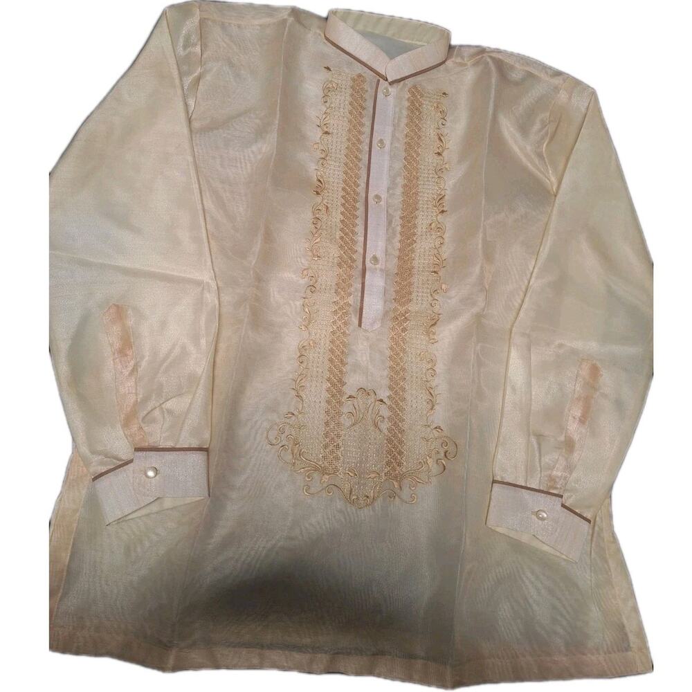Tagalog Embroidered Filipino Barong Shirt Beige Size L Chinese Collar Style
